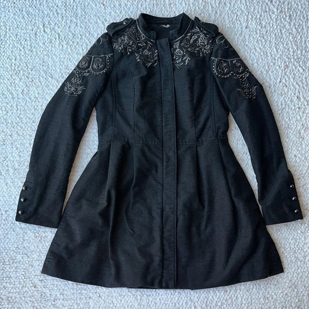 Free People Sargeant Floral Embroidered Embellished Military Coat Black 2‎